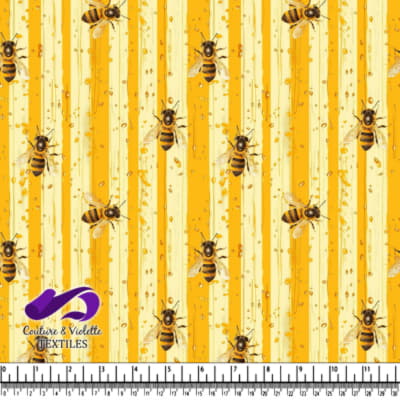 Honey Bees and Honey Drops on Yellow Striped Background Fabric Pattern