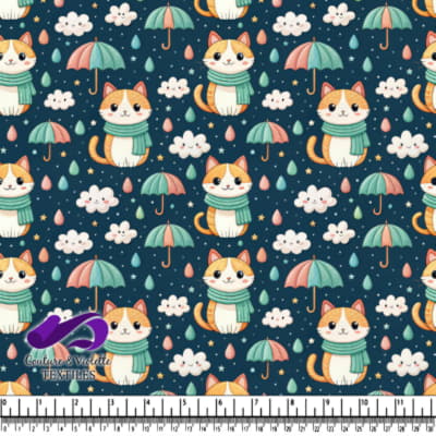 Cute Cats with Umbrellas and Clouds Pattern