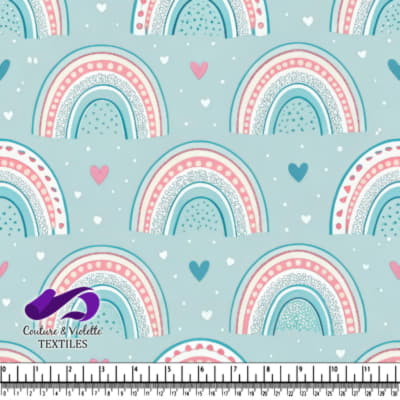 Pastel Rainbow and Hearts Pattern on Blue Background