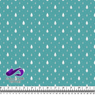 Teal Fabric with Silver and White Raindrop Pattern