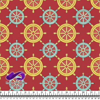 Nautical Ship Wheel Pattern on Red Background Textile Design