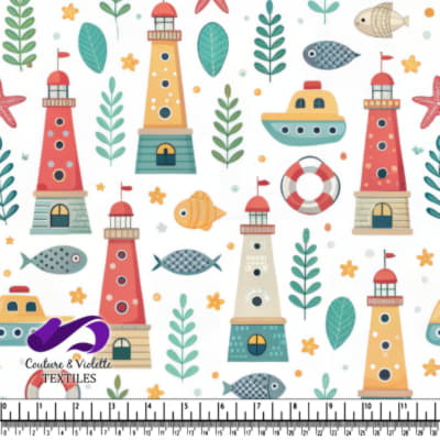 Nautical Pattern with Lighthouses Fish and Boats on White Background