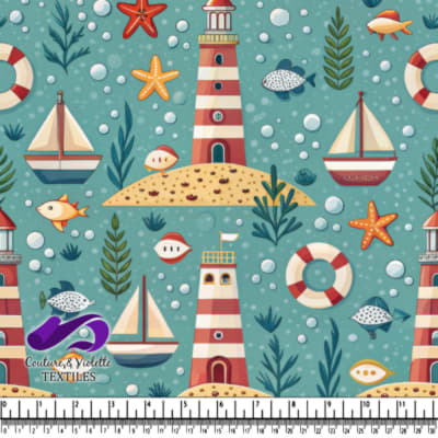 Nautical Pattern with Lighthouses Boats and Sea Life