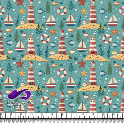 Nautical Pattern with Lighthouses Boats and Sea Life