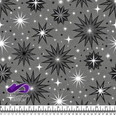 Black and White Starburst Pattern on Gray Background Fabric