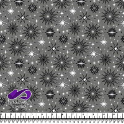 Black and White Starburst Pattern on Gray Background Fabric