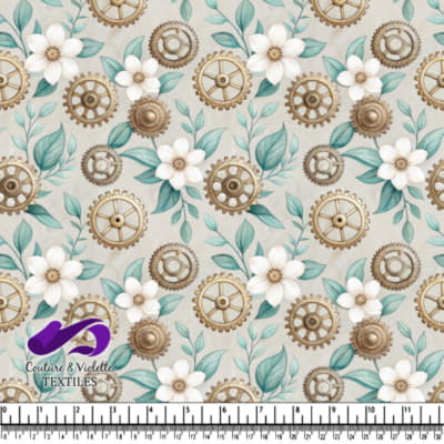 Steampunk Floral Pattern with Gears and White Flowers