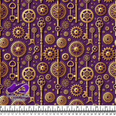 Steampunk Golden Gears and Vintage Keys on Purple Background