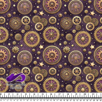 Steampunk Gears and Stars Pattern on Dark Purple Background