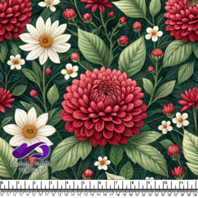 Vintage Floral Pattern with Red Dahlias and White Daisies