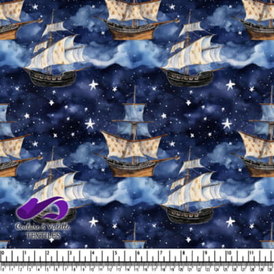 Sailing Ships Flying Through a Starry Night Sky Pattern