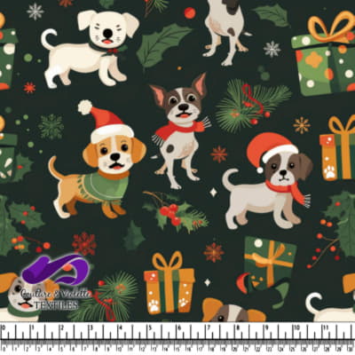 Festive Christmas puppies with scarves and Santa hats surrounded by gifts and holiday greenery