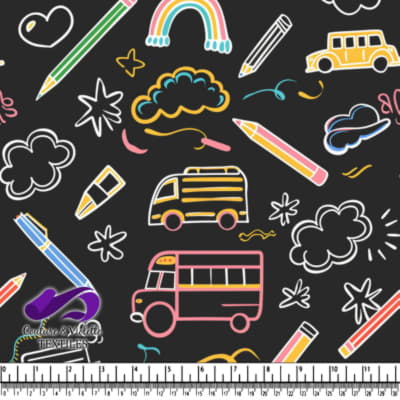 Colorful school supplies and doodles on a black background pattern