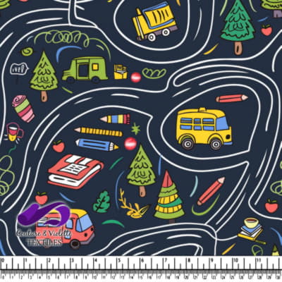 Colorful school-themed road map with buses trees pencils and school supplies