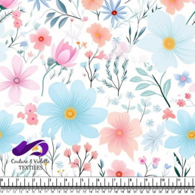 Pastel Floral Pattern with Blue Pink and Peach Flowers