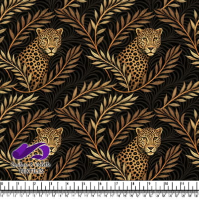 Leopard sitting among golden and bronze tropical leaves