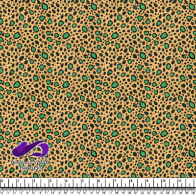Leopard print fabric pattern with green and black spots