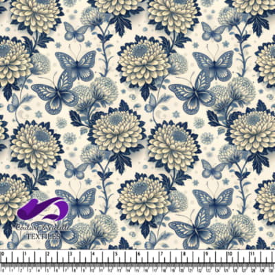 Blue and cream floral pattern with butterflies and detailed leaves