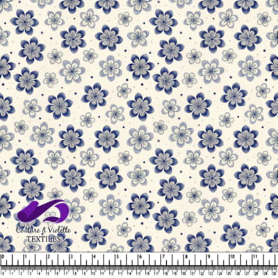 Blue and white floral pattern fabric with varying flower sizes and dots
