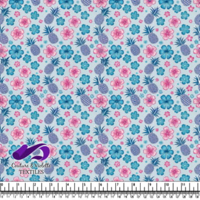 Blue and pink tropical floral and pineapple pattern
