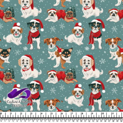 Festive dogs wearing winter hats and scarves on a blue background