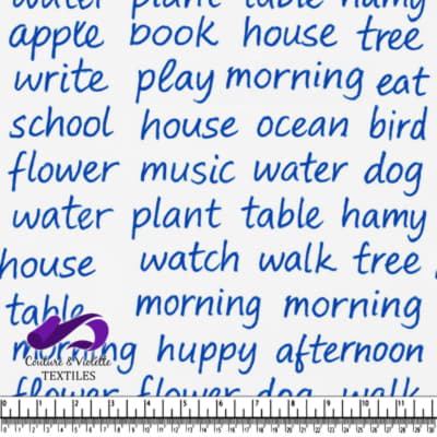 Handwritten words related to objects and activities in blue ink