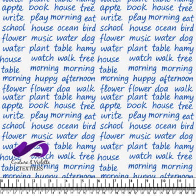 Handwritten words related to objects and activities in blue ink