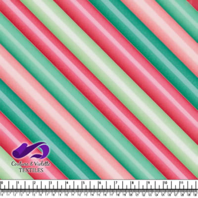 Colorful diagonal striped fabric with pink green and red hues