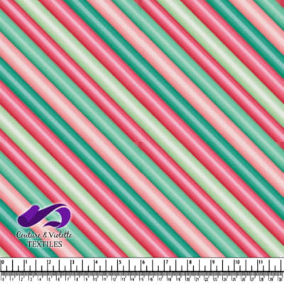 Colorful diagonal striped fabric with pink green and red hues