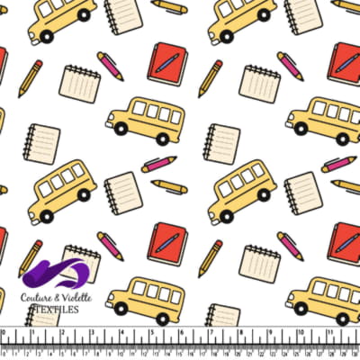 Yellow school buses red notebooks pencil cases notebooks and pencils