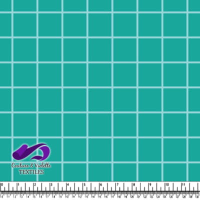 Teal fabric with evenly spaced white grid pattern
