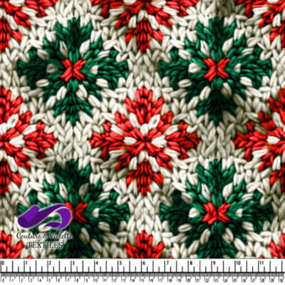 Red green and white knitted fabric with star pattern