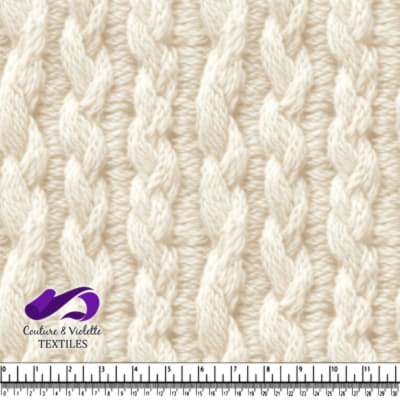 Close up of cream-colored thick cable knit fabric texture