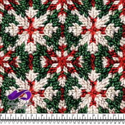 Christmas themed knitted fabric pattern with red white and green colors