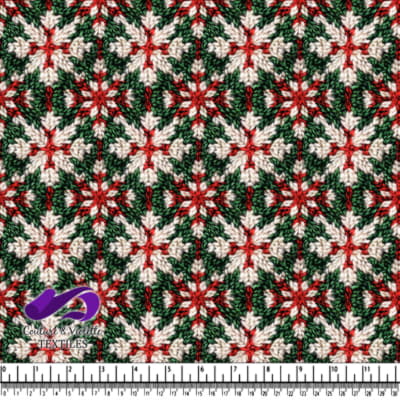 Christmas themed knitted fabric pattern with red white and green colors