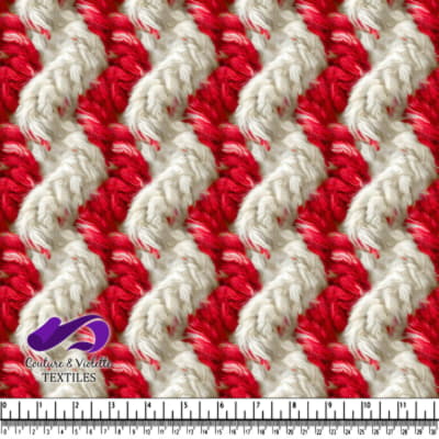 Close-up view of red and white textured knitted fabric with striped pattern and waves