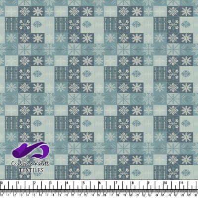 Blue and gray patchwork pattern with snowflakes