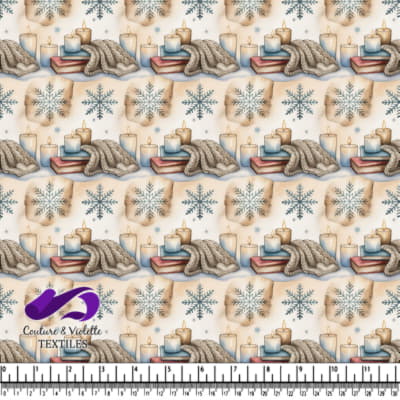 Winter cozy scene with candles books knitted gloves and vintage snowflake