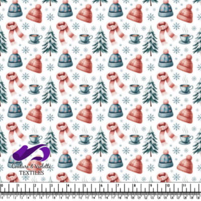 Winter cozy pattern with warm hats scarves hot drinks and snowflakes