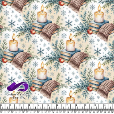 Cozy winter scene with candles books knit scarves pine branches