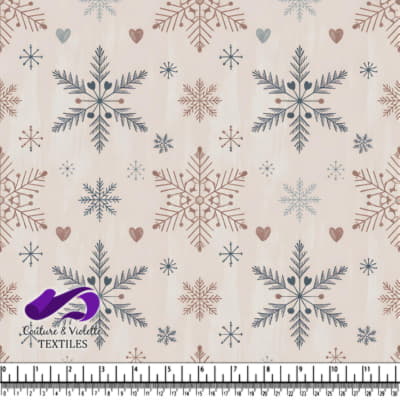 Pattern of blue and brown snowflakes and hearts