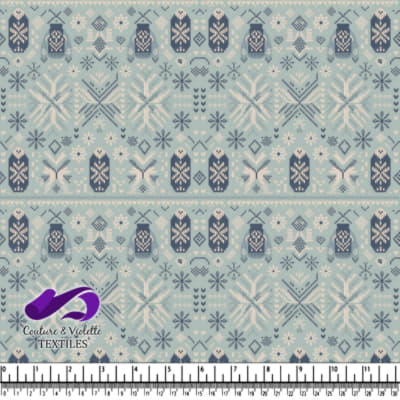 Blue and white traditional Nordic knit pattern with snowflakes