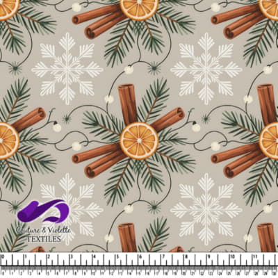 Winter holiday pattern with cinnamon sticks dried orange slices pine branches and snowflakes