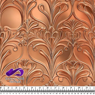 Copper embossed floral pattern with intricate details and decorative curves