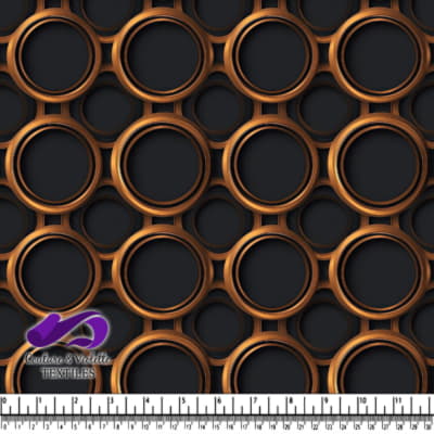 Abstract geometric pattern with bronze and black circular rings on a dark background