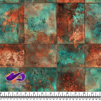 Rustic turquoise and copper textured patchwork fabric pattern