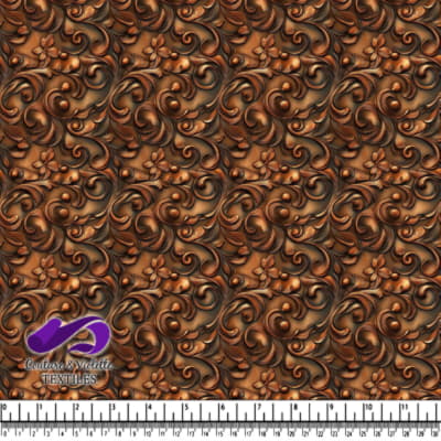 Ornate brown embossed floral and swirl pattern fabric texture