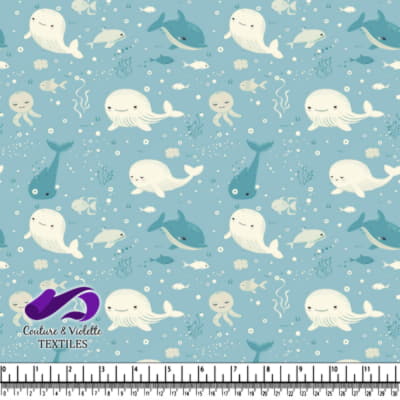 Cute smiling whales and fish underwater pattern with blue background