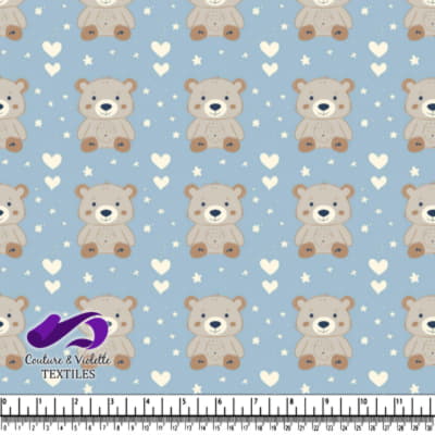 Teddy bear pattern with hearts and stars on blue background