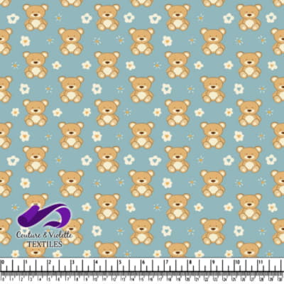 Cute teddy bears and small flowers on blue background